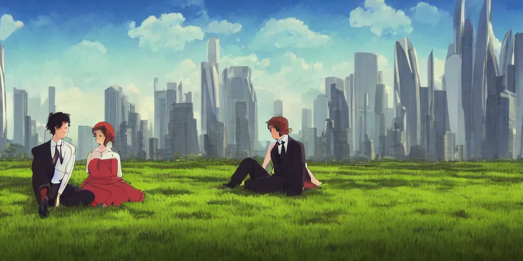 Prompt: a couple in victorian formal attire sitting in grass in front of a skyline of huge futuristic buildings, painting in the style of studio ghibli, 4 k