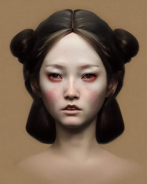 Image similar to hyper realistic photo portrait android porcelain doll face geisha cinematic, artstation, cgsociety, greg rutkowski, james gurney, mignola, craig mullins, brom, ghibli