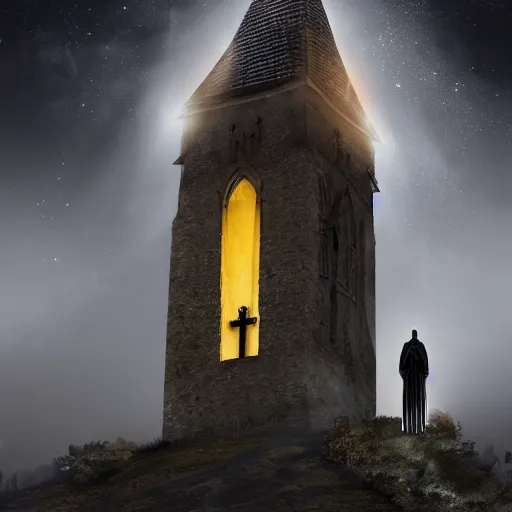 Image similar to A terrified catholic priest in his thirties kneeled in fervent prayer at the summit of a tall medieval tower. Eyes are wide open with fear looking straight at the viewer. Dressed in white. An ominous yellow shadow is descending upon him from the night sky. Award-winning digital art, trending on ArtStation