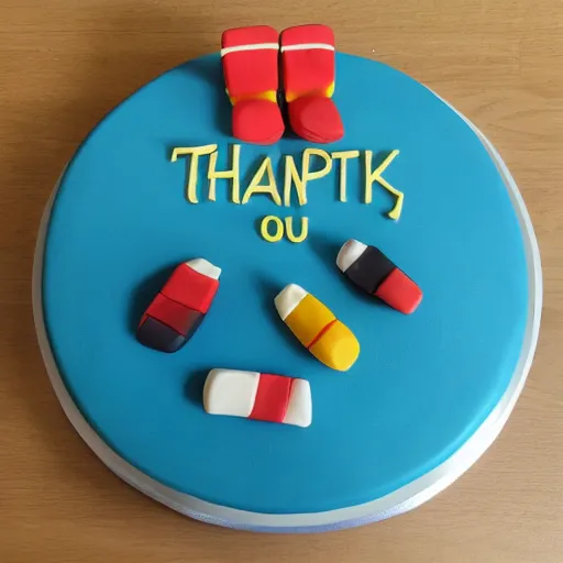 Prompt: Photograph of a thank you cake. Highly realistic. Highly detailed. High resolution. 4k. 8k