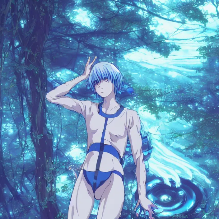 Image similar to rei ayanami, male anime character, in the woods, fractal, liminal space, Japan Lush Forest, technological rings, water dripping leaves blue rings faint turquoise glowing aura Leviathan awakening from Japan in a Radially Symmetric Alien Megastructure turbulent bismuth glitchart Luminism Romanticism by John William Waterhouse . Atmospheric Cinematic Environmental & Architectural Design Concept Art by Tom Bagshaw Jana Schirmer Jared Exposure to Cyannic Energy, Darksouls Concept art by Finnian Macmanus, Rei Ayanami, fractal recusion mandelbulb fractal wisdom acrylic pouring , by beeple, apophysis, aesthetic gradient, hyperdetailed landscape, sugar microscopic image, loop hole from Japan in a lush flora of water dripping leaves and echoing blue rings of sound emanating from the center of the screen with a faint turquoise glowing aura fractal pearlescent iridescent surrealist turbulent bismuth glitchart Luminism Romanticism by John William Waterhouse Beksinski Finnian MacManus Ruan Jia, cute anime girl with blue hair and red eyes, vtuber, lain iwakura, Hi-Fructose, Artstation, HD, HDR, High Resolution, 1024x1024