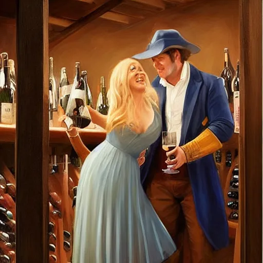 Prompt: blonde woman and Jango Fett drinking beer in a wine cellar, atmospheric, aphrodisiac, romantic, cozy, inviting, love, painting by Vladimir Volegov