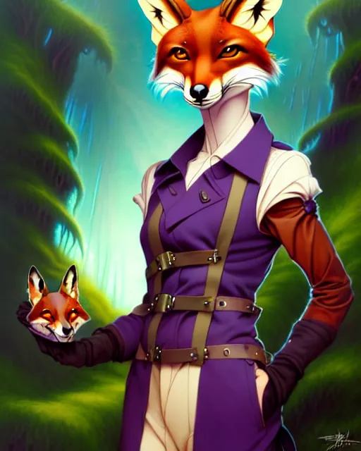 Prompt: don bluth, loish, artgerm, joshua middleton, steampunk, clockpunk anthropomorphic fox girl, purple vest, smiling, symmetrical eyes symmetrical face, colorful animation forest background