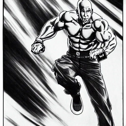 Prompt: Black and white manga drawing of Vin Diesel walking like a Italian model, highly detailed, sharp focus, anime, ArtStation, art by Hirohiko Araki