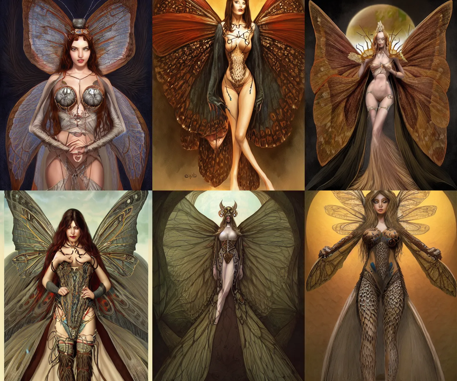 Prompt: Anthropomorphic Female Moth Goddess with large Symmetrical Moth wings wearing beautiful medieval attire, moth fairy, 4k digital illustration by Gerald Brom and Ciryl Rolando, Character design, concept art, fantasycore, Hyperdetailed, Artstation