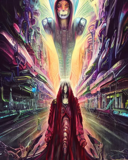 Prompt: neo tokyo arrives from the future, by antonio j. manzanedo, giger, alex grey, android jones, wayne barlowe, philippe druillet, raymond swanland, cyril rolando, josephine wall, harumi hironaka, trending on artstation