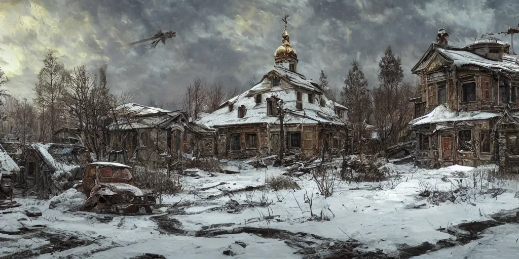 Prompt: An abandoned russian village as concept art for Metro Exodus, winter season, abandoned, ruined buildings, oil painting, painting by Viktor Vasnetsov, concept art, fantasy cityscape, Russian architecture, painting by Ivan Shishkin, hyperborea, high resolution, trending on artstation,