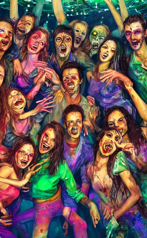Prompt: beautiful detailed photorealistic painting of a group of friends dressed as zombies in a club, dancing. there is a disco ball above their heads. the friends are happy and having fun. vibrant, high quality, vibrant colors, very funny, beautiful, hq. hd. 4 k. award winning. trending on artstation