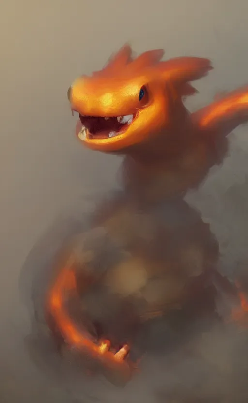 Prompt: a beautiful painting of a realistic charmander by greg rutkowski and rembrandt, organic study, high detail, sharp, depth of field, bokeh, volumetric fog featured on artstation