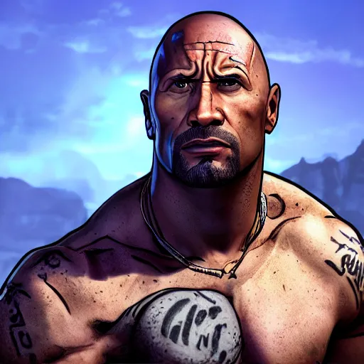 Image similar to dwayne douglas johnson portrait, borderlands, tales from the borderlands, the wolf among us, comic, cinematic lighting, studio quality, 8 k