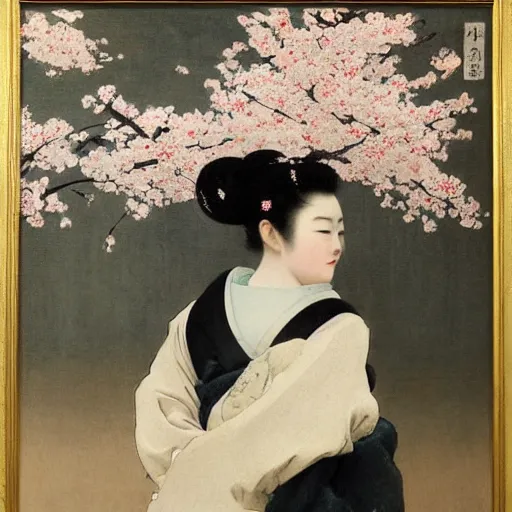 Prompt: A beautiful conceptual art of a young woman in a traditional kimono, with a background of sakura blossoms. by Giuseppe de Nittis rigorous, balmy