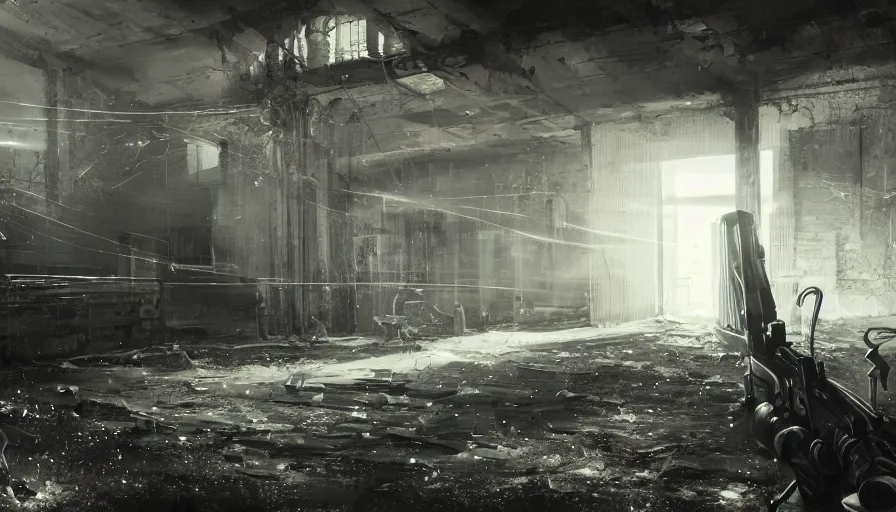 Image similar to fps view with rifle of an abandoned warehouse with cobwebs, light through broken windows, hyperdetailed, artstation, cgsociety, 8 k