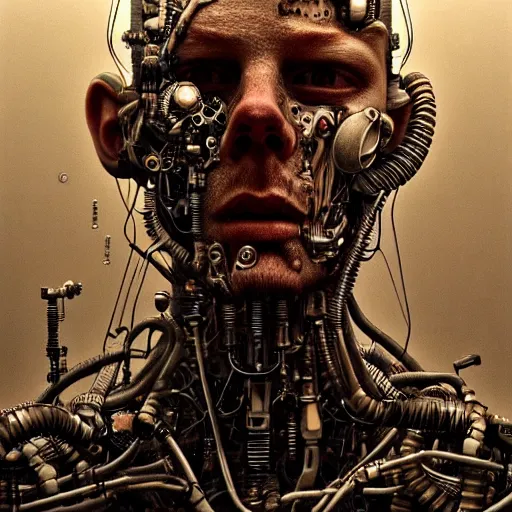 Image similar to ultra realist intricate detailed horror portrait of a single rugged cyborg male, cyborg tech on body and legs, accurate features, cyberpunk, industrial, apocalyptic, very intricate details, focus, high resolution, 8 k resolution, dramatic lighting, artstyle alex ries and zdzisław beksinski, award winning