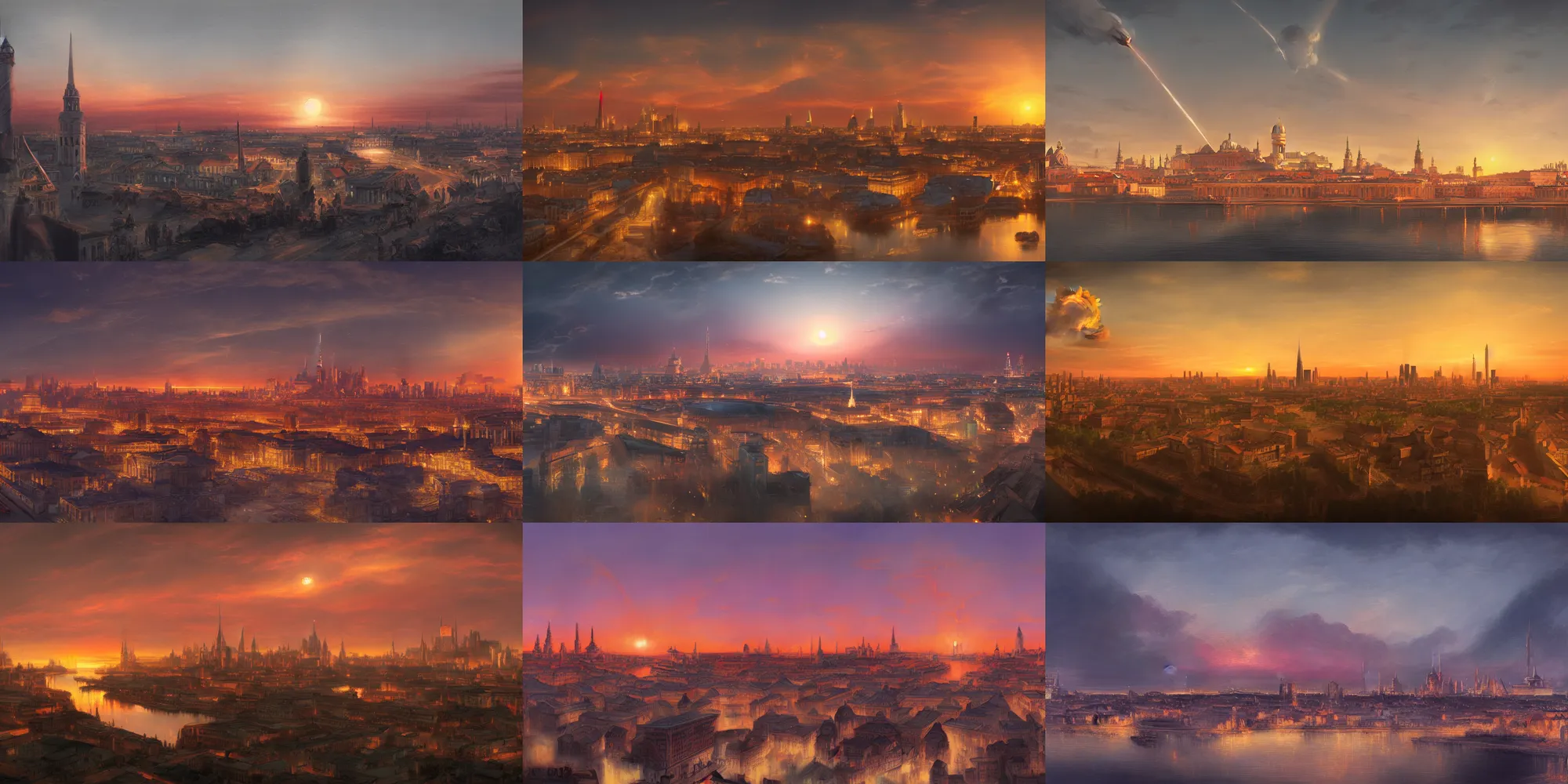 Prompt: highly quality renaissance era concept art of Helsinki city skyline at dusk with a bright nuclear explosion in the horizon, artstation trending,