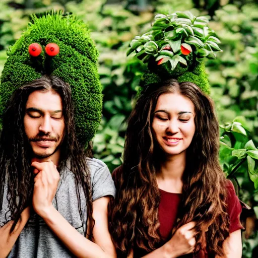 Image similar to a couple with plants growing out of their heads watering each other