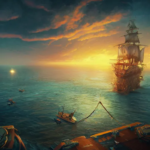 Image similar to two large pirates ship floating on top of a body of water at sunset, fighting each other, pirates flag , cgsociety, fantasy art, 2d game art, concept art , ambient occlusion, bokeh, behance hd , concept art by Jesper Ejsing, by RHADS, Makoto Shinkai Cyril Rolando