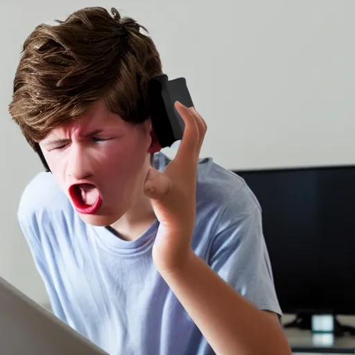 Prompt: teenage boy getting angry at a computer, award - winning photograph