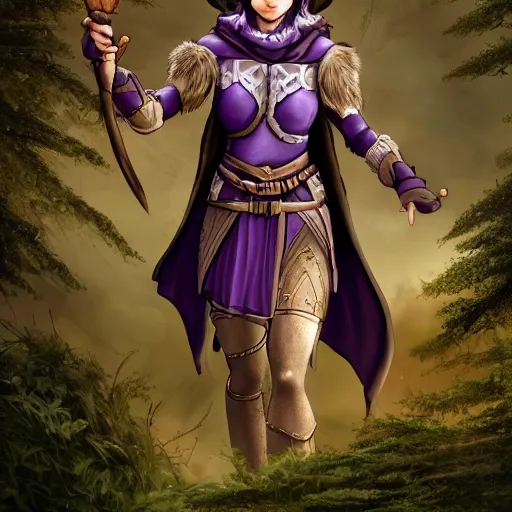 Image similar to athena as a medieval fantasy wood elf, dark purplish hair tucked behind ears, wearing a green tunic with a fur lined collar and brown leather armor, wide, muscular build, scar across nose, one black, scaled arm, cinematic, character art, digital art, forest background, realistic. 8 k,