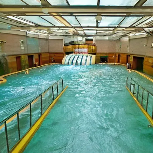 Image similar to an indoors waterpark. creepy, flooded, empty, abandoned. craiglist photo.