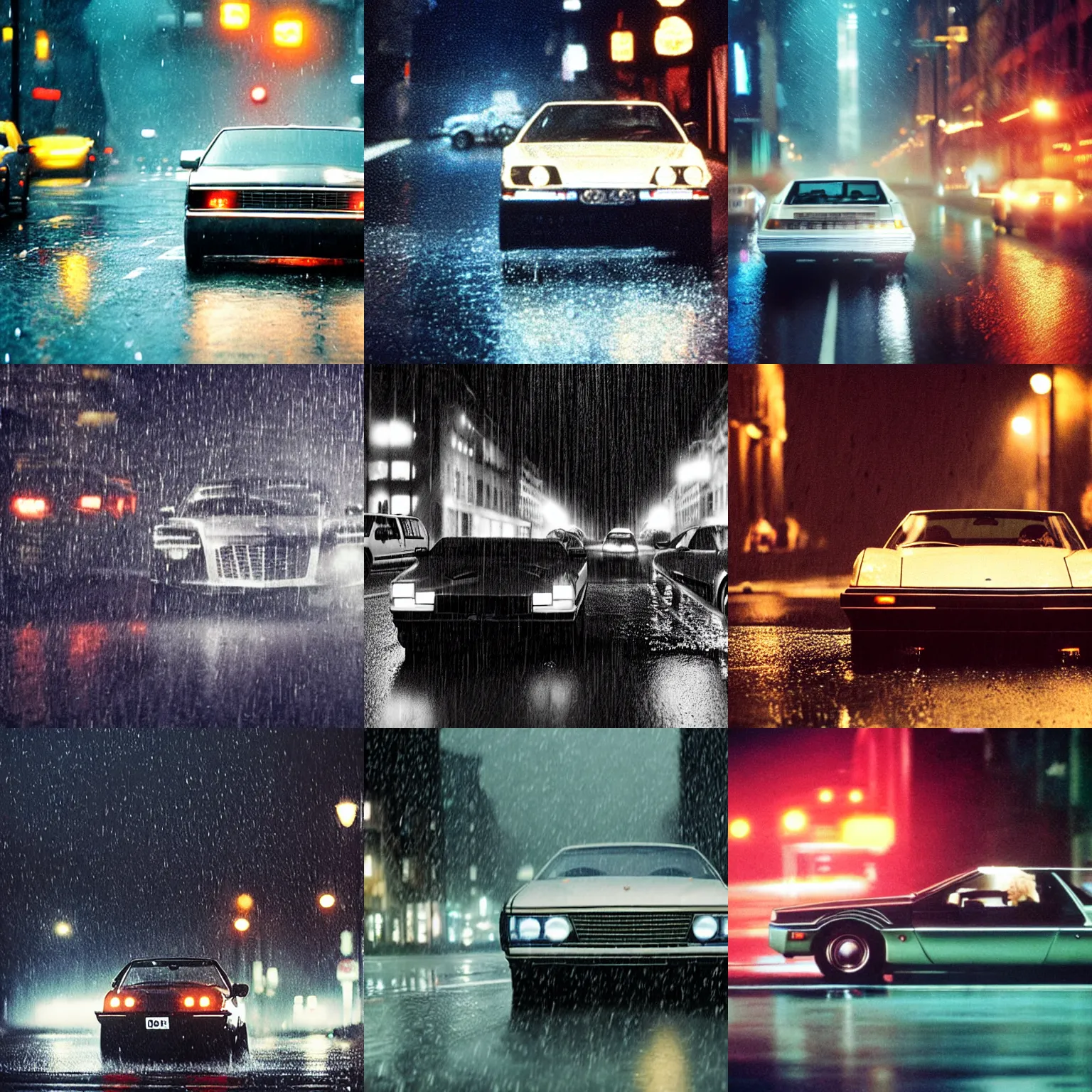 Prompt: movie still a DMC 12 Dolorean driving in streets, rain, night, hazy