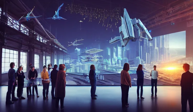 Image similar to group of people in simple warehouse, looking at hologram of futuristic city on a table, cinematic concept art, godrays, golden hour, natural sunlight, 4 k, clear details, tabletop model buildings, center model buildings, hologram center, crane shot, crane shot, crane shot