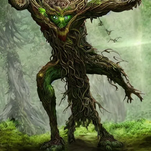 Prompt: giant green old treant creature, elven treant made of leaves and roots, old elven treant, old humanoid ents, old humanoid treant, epic fantasy style, green theme, forest background, hearthstone artwork