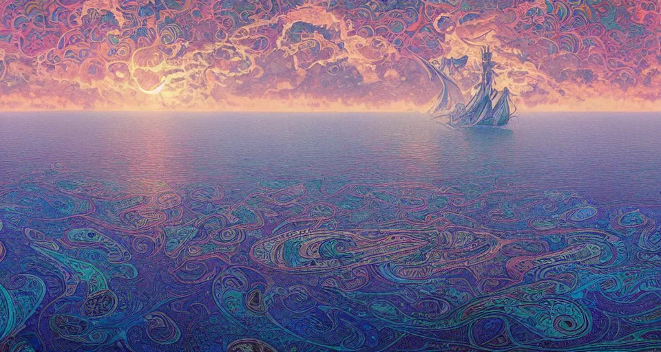 Prompt: terrifying psychedelic ⛈ ocean 🌊, giant 🚢 ship, paisley pattern sky, backlit, 🌅, refracted lighting, outdoors, paisley pattern, elegant, 8 k resolution, intricate and fine details, digital painting, artstation, illustration, psychedelic ocean art, krenz cushart, alphonse mucha