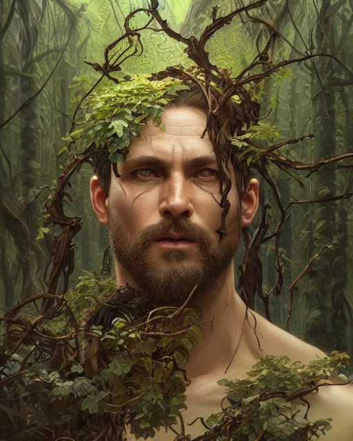 Image similar to god of the forest, 3 0 years old, rugged, male, gorgeous, detailed face, vines. forest, trees, flowers, amazing, muscular, intricate, highly detailed, digital painting, artstation, concept art, sharp focus, illustration, art by greg rutkowski and alphonse mucha