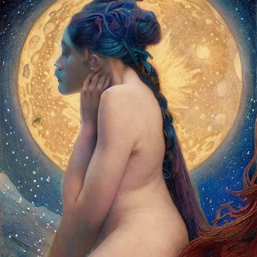 Image similar to queen of the moon with stars in her hair, by annie swynnerton and tino rodriguez and nicholas roerich and jean delville and donato giancola and tom bagshaw, dramatic lighting, floral tattoos, rich colors, smooth sharp focus, extremely detailed, adolf wolfli