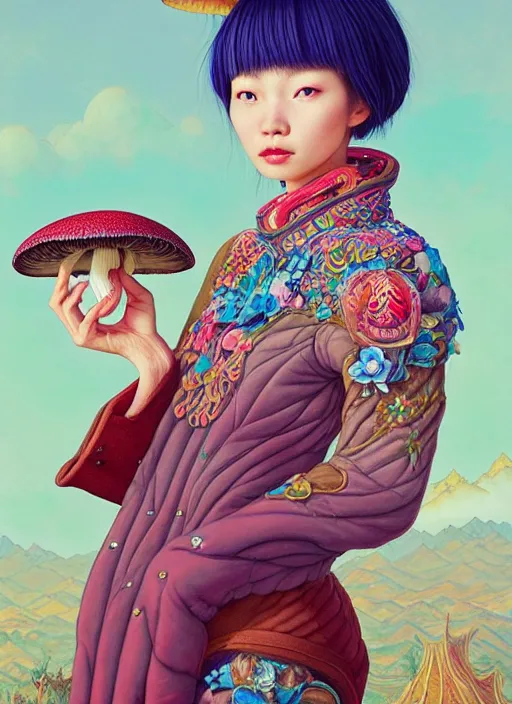 Prompt: pretty yunnan girl with mushroom : : by martine johanna and simon stalenhag and chie yoshii and casey weldon and wlop : : ornate, dynamic, particulate, rich colors, intricate, elegant, highly detailed, centered, artstation, smooth, sharp focus, octane render, 8 k