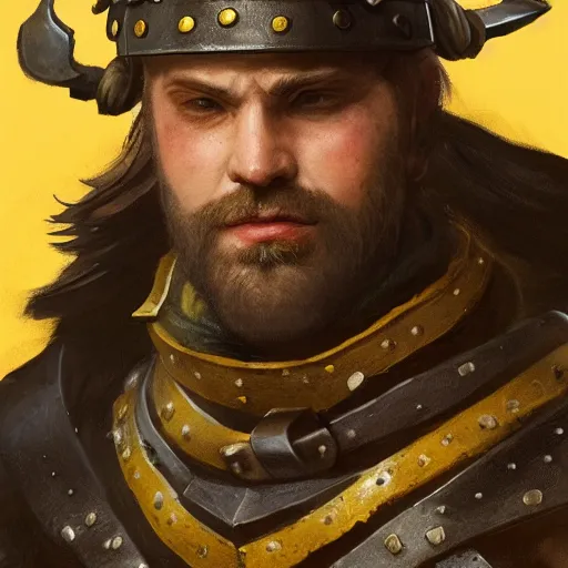 Prompt: Closeup of frustrated male medieval lieutenant with a {short} beard wearing a black!!!! and yellow tabard over a steel breastplate and a black gambeson looking up from a map on a table, intricate, dramatic lighting illustration by Greg Rutkowski, ArtStation, digital art, fantasy