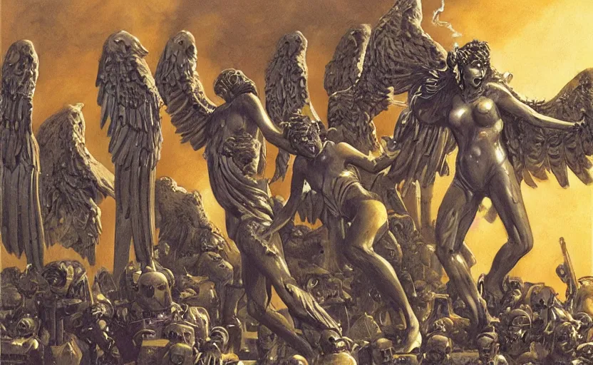 Image similar to weeping angels battle an army of robots in graveyard at night, by boris vallejo