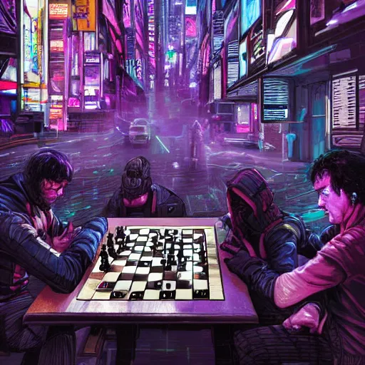 Prompt: high detailed replicants playing chess in a cyberpunk rainy city at night by josan gonzalez, purple and blue neons, rendered in unreal engine, high quality, 4 k, uhd, trending on artstation, wires, blade runner vibes, ghost in the shell, akira, dorohedoro