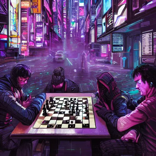 Cyberpunk chess board over cityscape