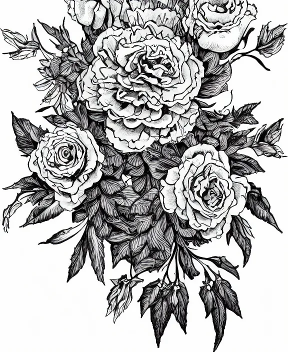 Image similar to amazing detailed tattoo line work stencil of carnations roses peonies and limonium flowers delicate and feminine