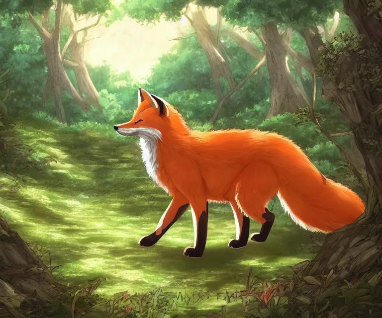 Image similar to fox in a forest, anime fantasy illustration by tomoyuki yamasaki, kyoto studio, madhouse, ufotable, comixwave films, trending on artstation