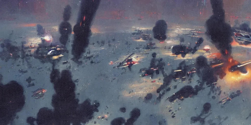 Image similar to a painting of low earth orbit space city under war by john harris.