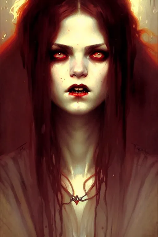 Image similar to young vampire woman portrait by anna podedworna, greg rutkowski, gaston bussiere, simon bisley