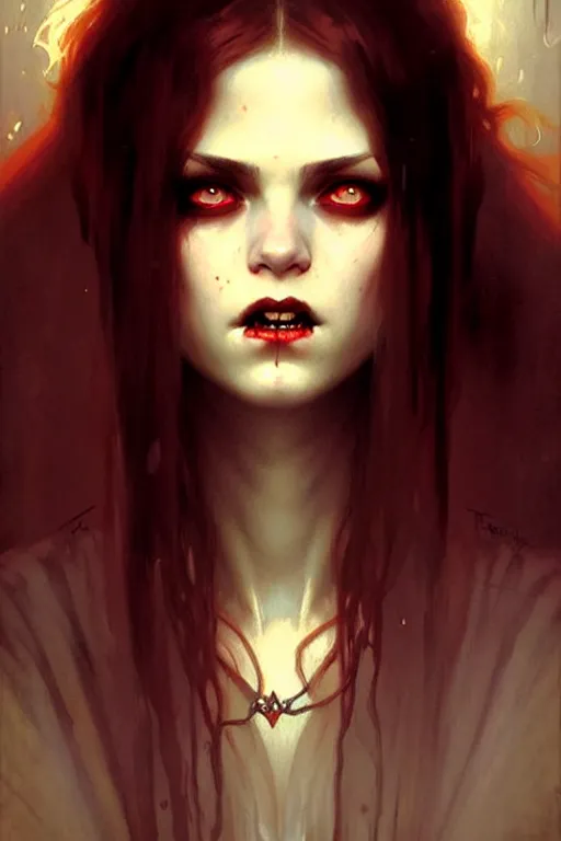 Prompt: young vampire woman portrait by anna podedworna, greg rutkowski, gaston bussiere, simon bisley