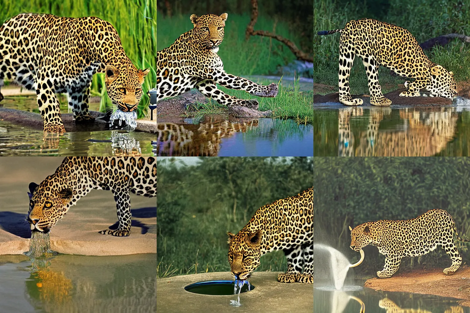 Prompt: a photograph by Frans Lanting of leopard drinking water from an oasis