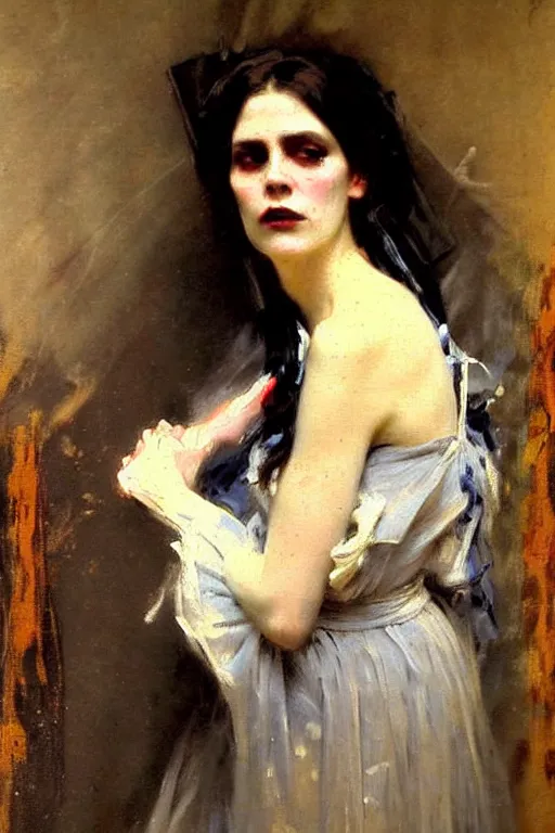 Image similar to impressionist brushstrokes!!!! solomon joseph solomon and richard schmid and jeremy lipking victorian loose genre loose painting full length portrait painting of a victorian vampire