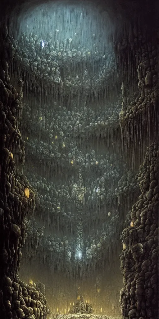 Prompt: a dungeons and dragons party inside an enormous cavern of skulls, by zdzislaw beksinski, by gustave dore, by peter mohrbacher, horror, dystopian architecture, biomorphic, lovecraftian, amazing details, vivid colors, detailed, epic, waterfall