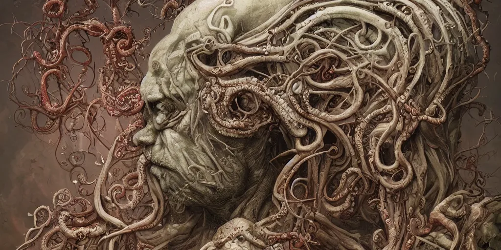 Prompt: centered horrifying detailed side view profile portrait of a insane, crazed, mad old bald zombie, ornate tentacles growing around, ornamentation, thorns, vines, tentacles, elegant, beautifully soft lit, full frame, 8 k by wayne barlowe, peter mohrbacher, kelly mckernan, h r giger