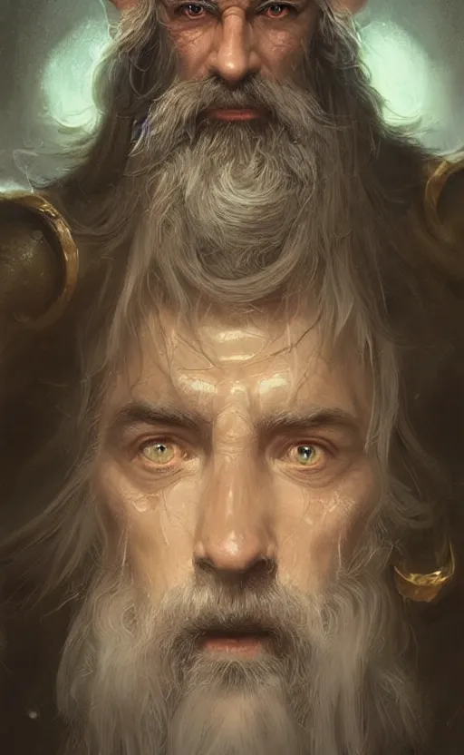 Image similar to Portrait of elf in his 50s with a long beard and monacle, male, detailed face, fantasy, highly detailed, cinematic lighting, digital art painting by greg rutkowski