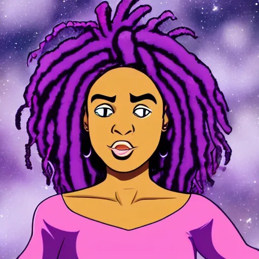 Image similar to black woman with purple dreads in space in the style of steven universe