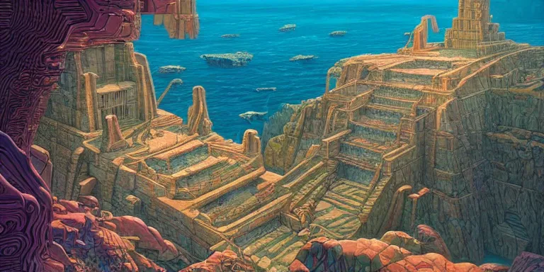 Image similar to a beautiful painting of the lost city of atlantis by amir zand, mœbius, and dan mumford ; moebius, jean giraud, trending on artstation, conceptartworld, hd, 8 k, 4 k, high def