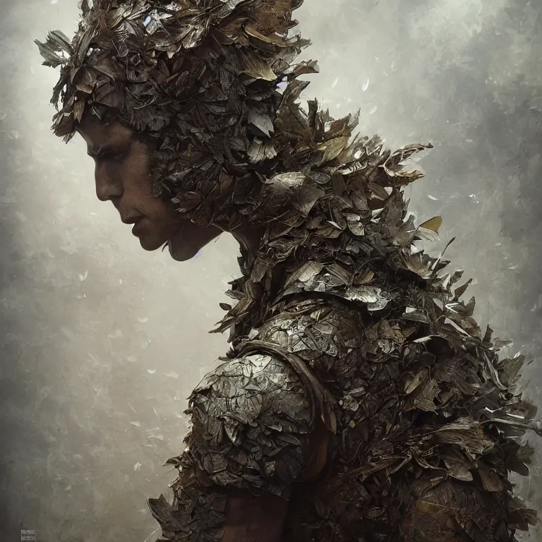 Prompt: dusted tintype portrait of realistic armour made of leaves, seen from behind dramatic light, dystopian environment, intricate, elegant, highly detailed, centered headdress, artstation, sharp focus, artgerm, tomasz alen kopera, peter mohrbacher, donato giancola, joseph christian leyendecker, wlop, boris vallejo, frank frazetta