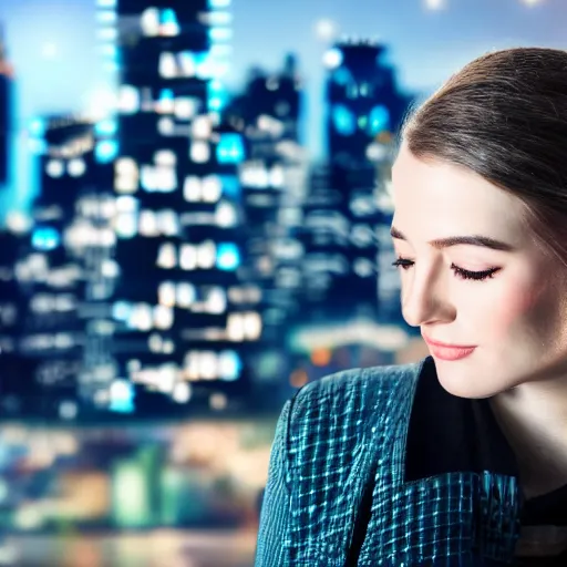 Image similar to close up on a woman\'s face with a log of cybernetic components. Futuristic city in the background. Very detailed. 55mm lens
