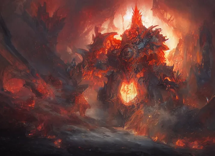 Image similar to artwork of ragnaros by dennig guy, amano yoshitaka, berkey john, bowater charlie, greg rutkowski