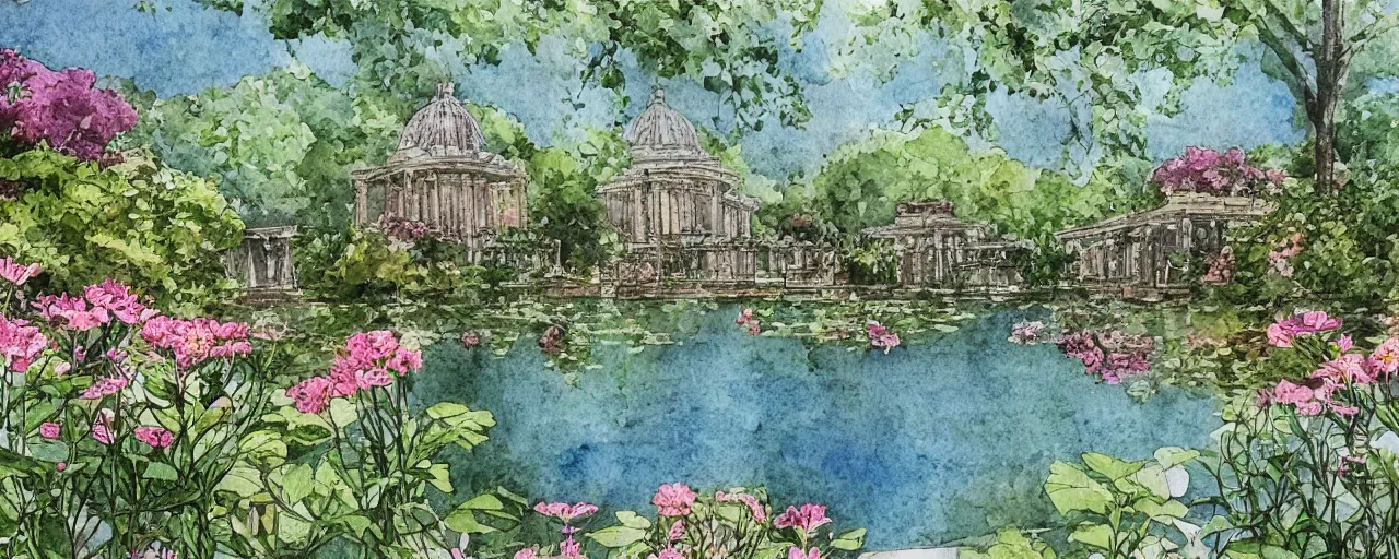 Prompt: isomeric view, delicate lake in a botanic garden, garden road, sparrows, temple in a botanical herbarium paper, watercolor colored painting, iridescent colors, 8 k, realistic shaded, fine details, artstation, italian style, colonnade, flowers, architecture, roma